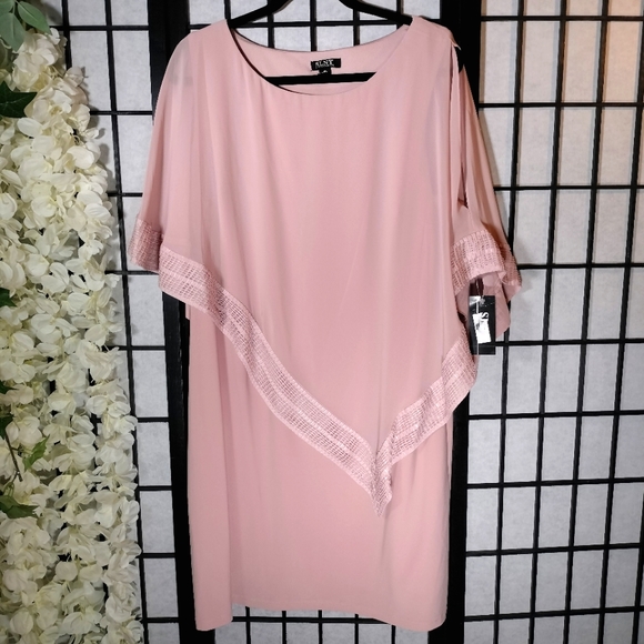 SLNY Foil Trim Asymmetrical Popover Capelet Sheath Dress Rose Gold Size 16 - Picture 3 of 6